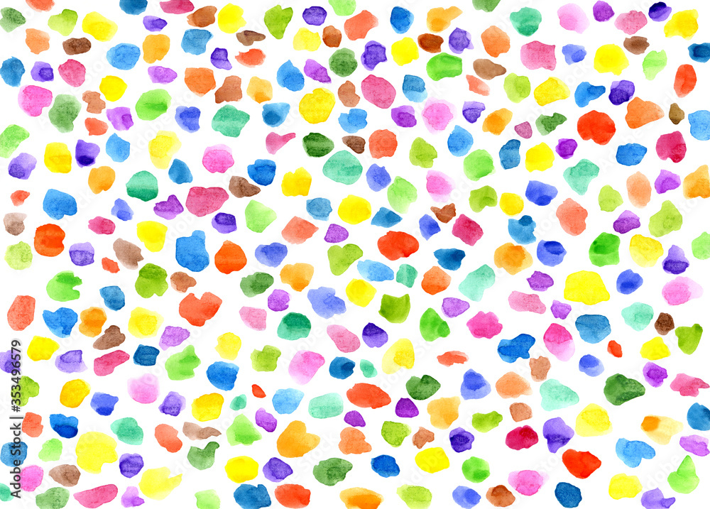 Illustration of multicolored 
 Watercolored Spots, Drips, and Dots. Abstract children's background for fabric, textile, clothes.
