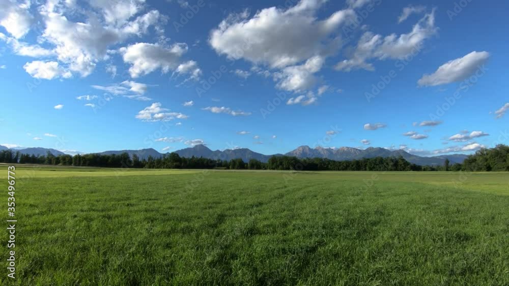Huge farming field meadow with forest and Alps mountain range in distance. Wide shot, left truck parallel moving Huge farming field meadow with forest and Alps mountain range in distance. Wide shot, left truck parallel moving