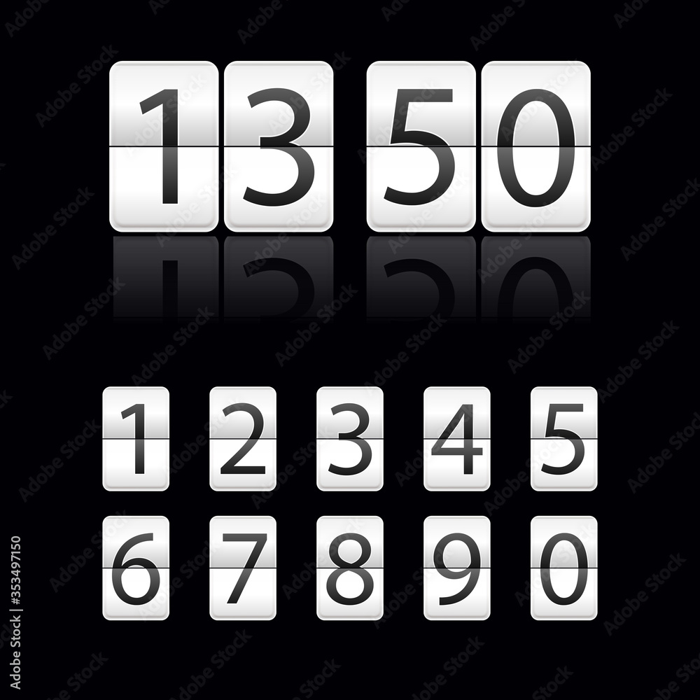 Vector realistic flip clock number font isolated on black. White Flip clock time template board