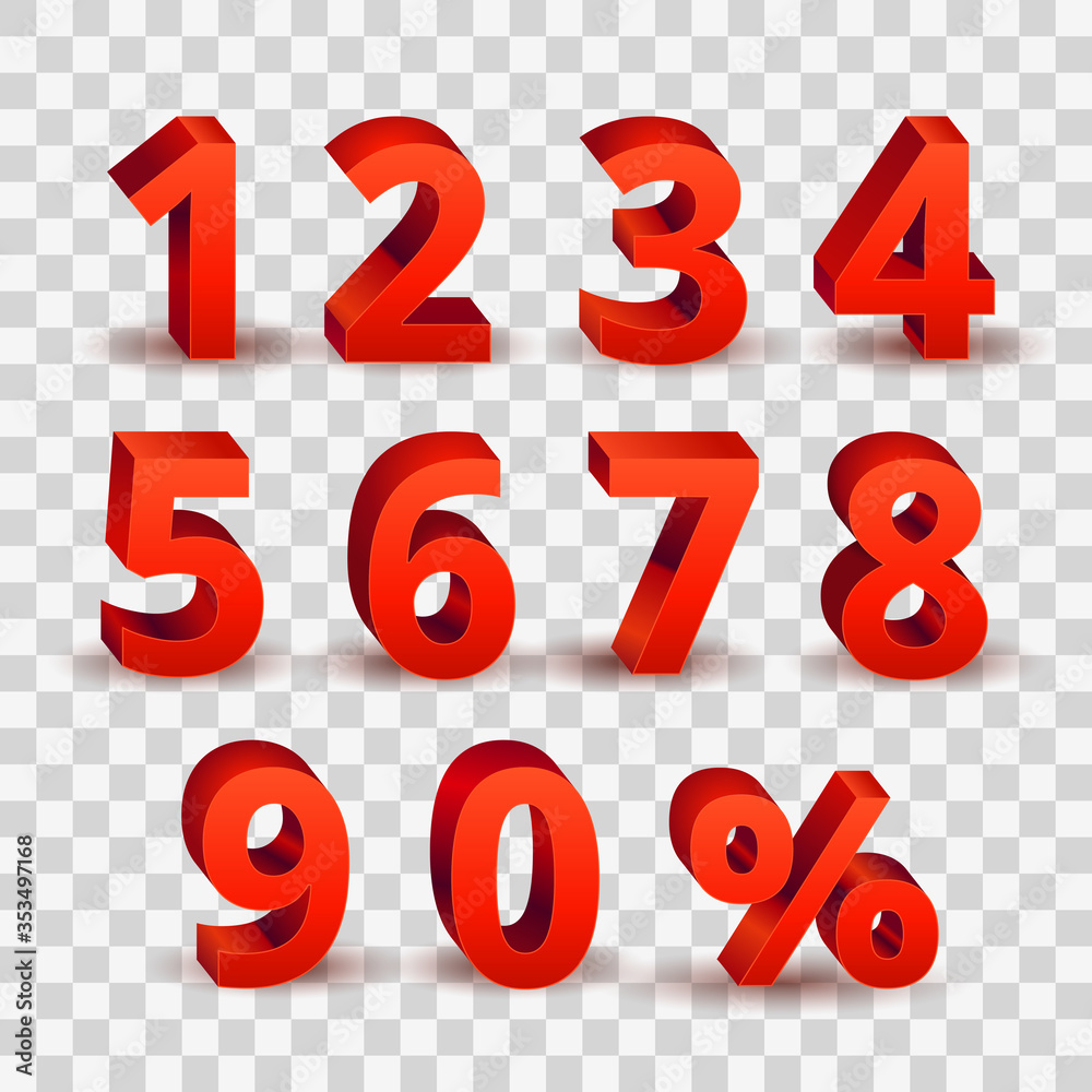 Set of bright red 3D style font numbers sign. 3D number symbol with percent discount sale promotion design isolated in transparent background.