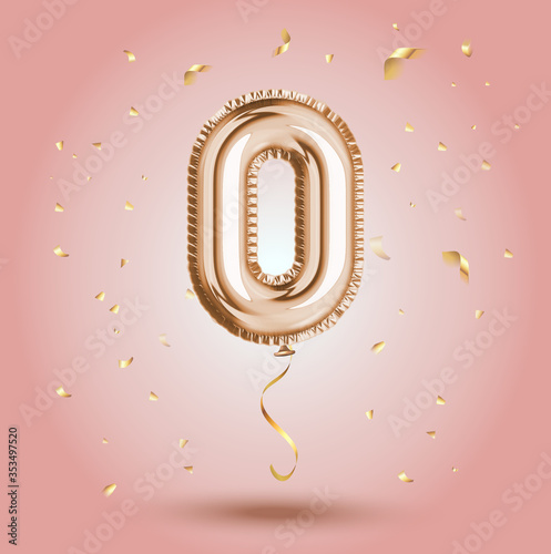 Elegant Pink Greeting celebration number 0 zero promo number 0 foil gold balloon. Sale banner, zero percent credit installment congratulations poster. Golden numbers with sparkling golden confetti