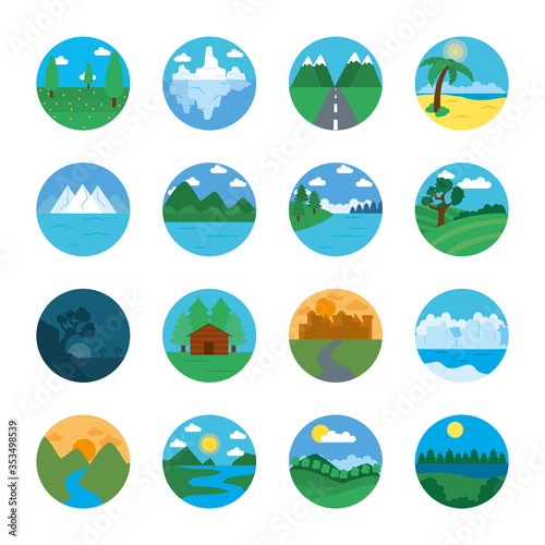 beach and landscapes icon set, flat style