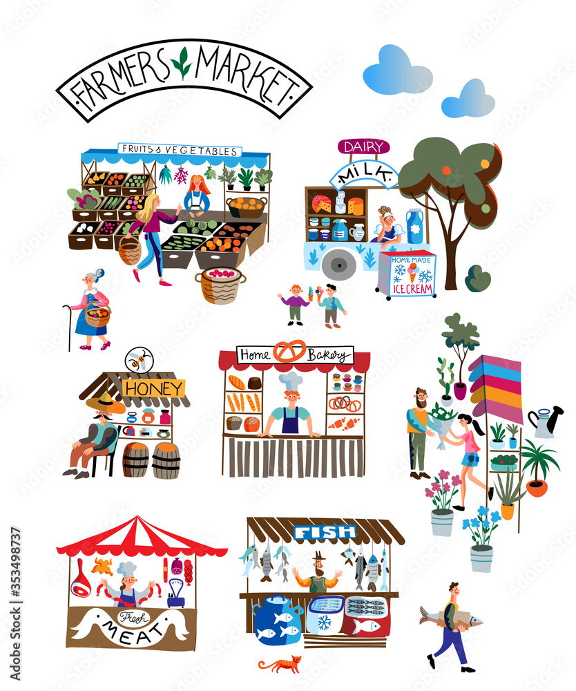 Seasonal outdoor farmers market. Buyers and sellers on local marketplace. People selling and shopping fresh milk, meat, fruits, vegetables, bakery. Retail business, bazaar vector concept. Seasonal outdoor farmers market. Buyers and sellers on local marketplace. People selling and shopping fresh milk, meat, fruits, vegetables, bakery. Retail business, bazaar vector concept.