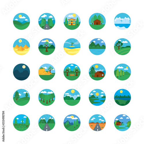 forest and landscape icon set, flat style