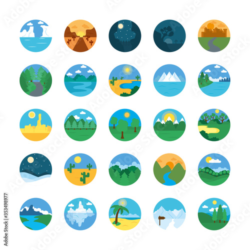 beach and Landscapes icon set, flat style