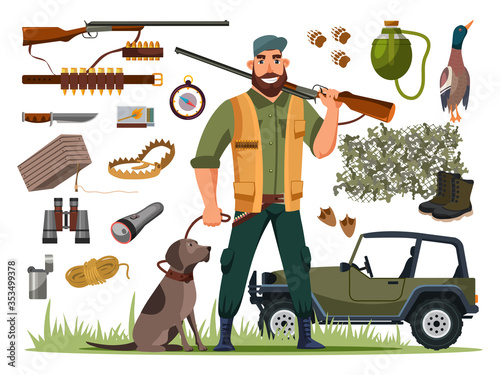 Hunter with shotgun, dog and hunting attribute set