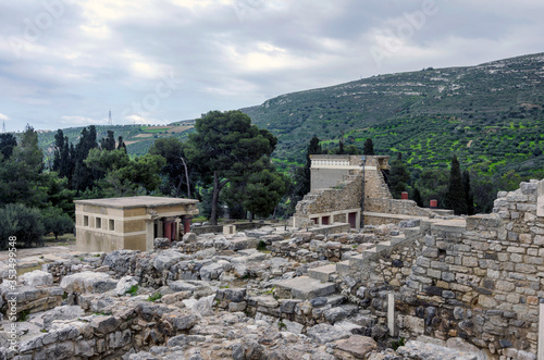 View to the archaeological site of Knossos Palace in Heraklion city - Crete island. Ruins of the ancient Minoan civilization