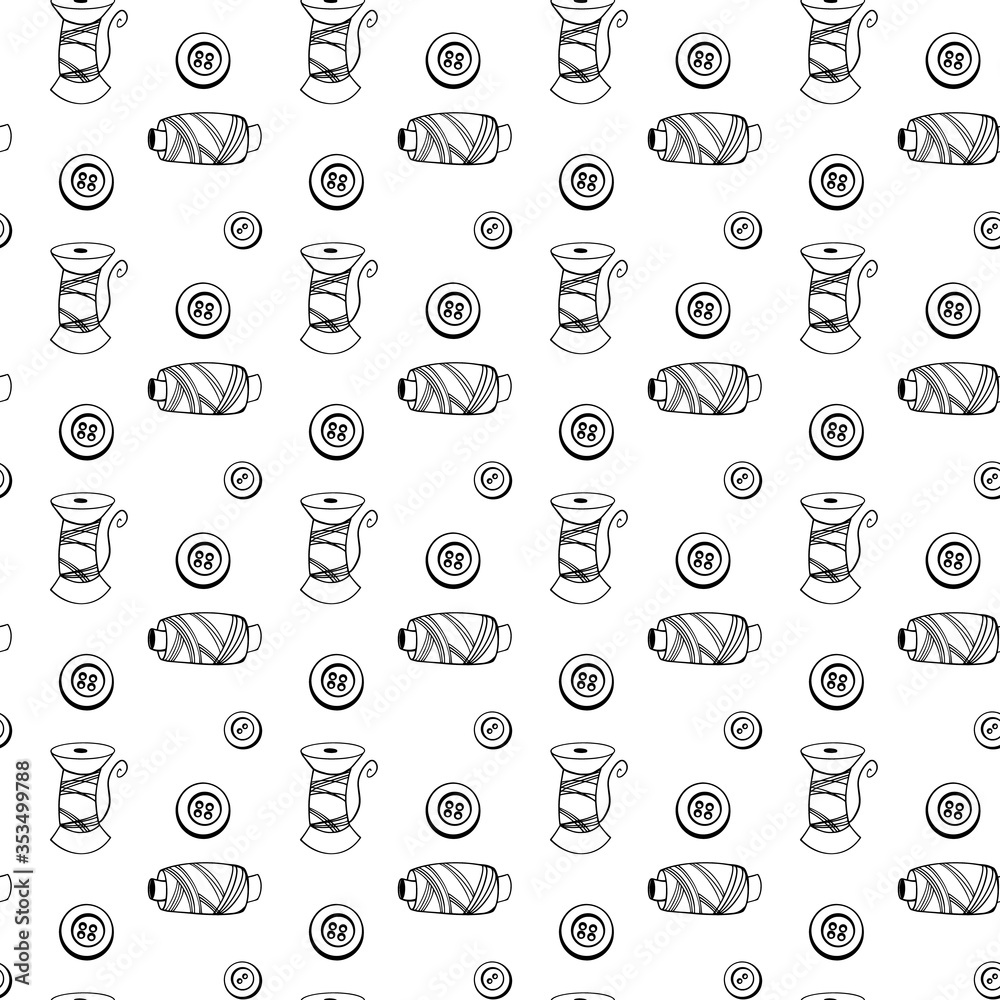 Cute buttons, threads on a white background.Doodle outline seamless square pattern. Print for fabrics, cards, textiles, wrapping paper, banners, packaging, covers, wallpapers
