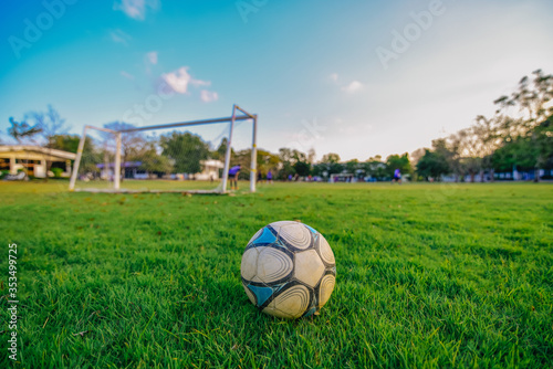 A white, blue football ball placed on a green lawn.soccer ball on a green grass. © pai