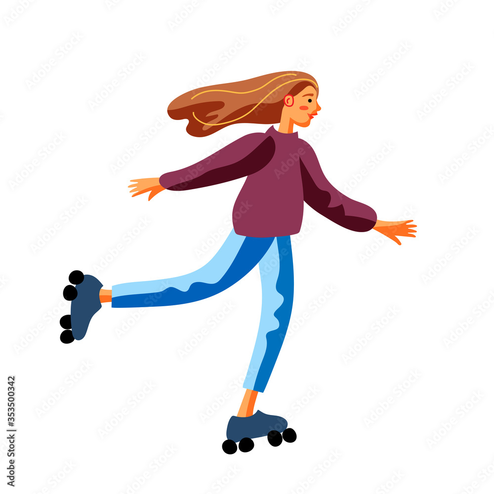 Fotografie Girl riding roller-skates flat character