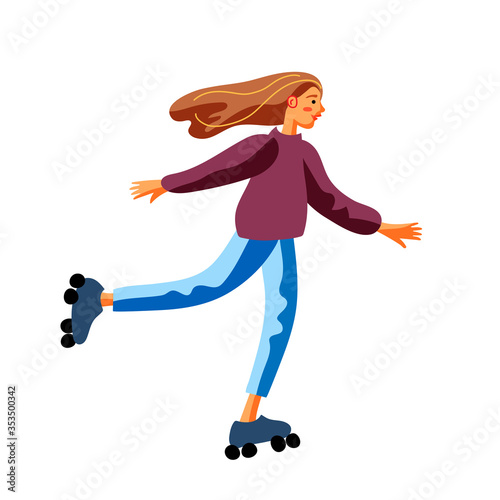 Girl riding roller-skates flat character