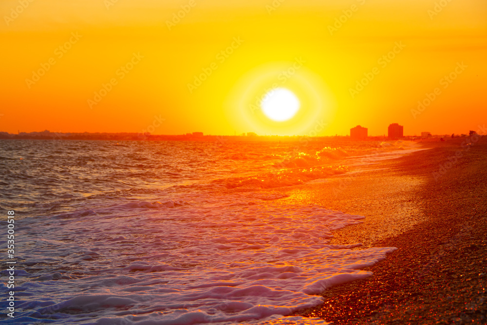 Bright summer seascape at sunset. Summer seascape copy space. Sea beach. Sea tour. Opening resorts. Evening beach. An article about vacation Bright summer seascape at sunset. Summer seascape copy space. Sea beach. Sea tour. Opening resorts. Evening beach. An article about vacation
