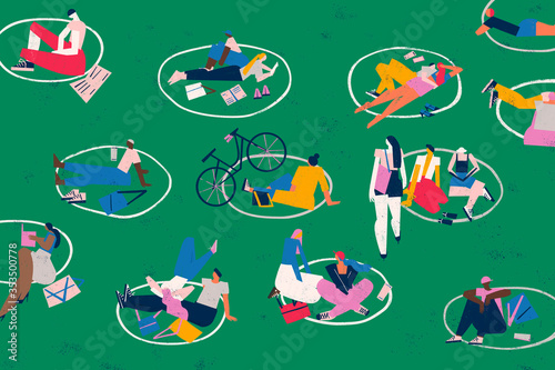 Social distance. Diverse people enjoy a park and leisure area outdoors keeping safe distance. Conceptual illustration.