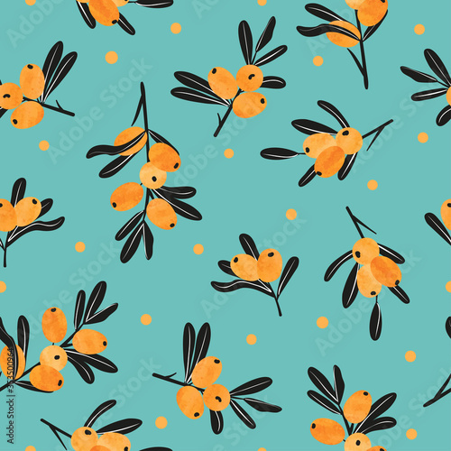 Seamless sea buckthorn  pattern. Vector illustration of orange berries and black leaves.