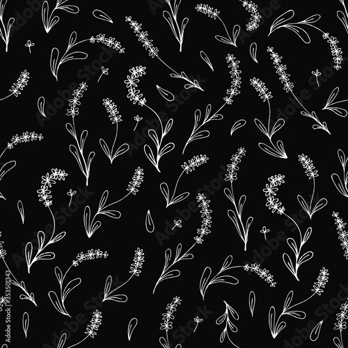Seamless pattern of black line lavender flowers silhouette. Lavender seamless pattern for stickers, labels, tags, gift wrapping paper, greeting cards, posters and banner design. Great for label, print