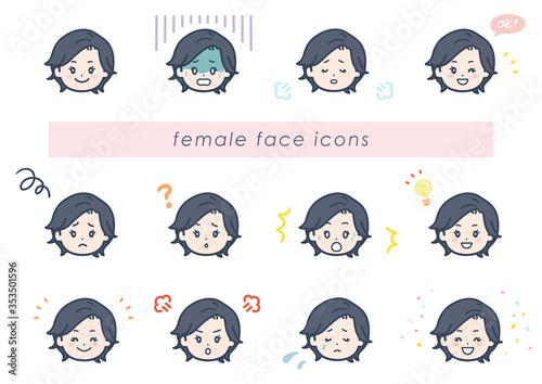 様々な表情の女性の顔　アイコン　イラスト