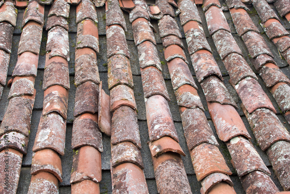 old roof and view of old tiles, roof before reconstruction, before repair old roof and view of old tiles, roof before reconstruction, before repair
