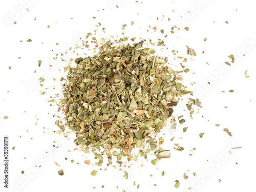 Pile of dried herbs isolated on white background. Oregano seasoning for pizza