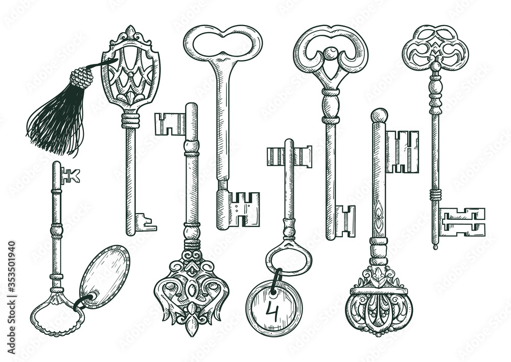 Vector hand drawn antique keys. Vintage keys set in sketch style ...