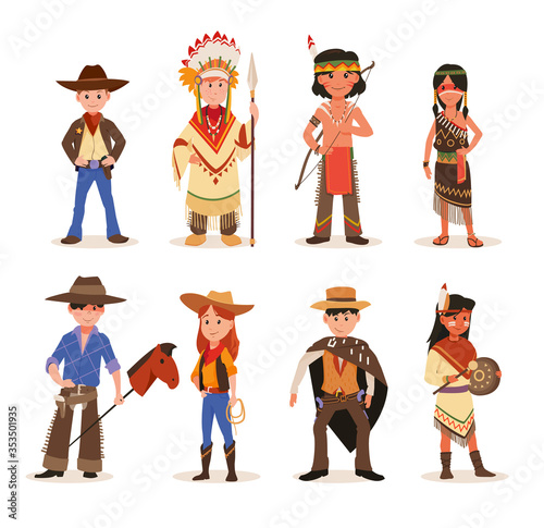 Cute little children in native Indian and western cowboy costumes. Children playing in American Indians and Cowboys characters.