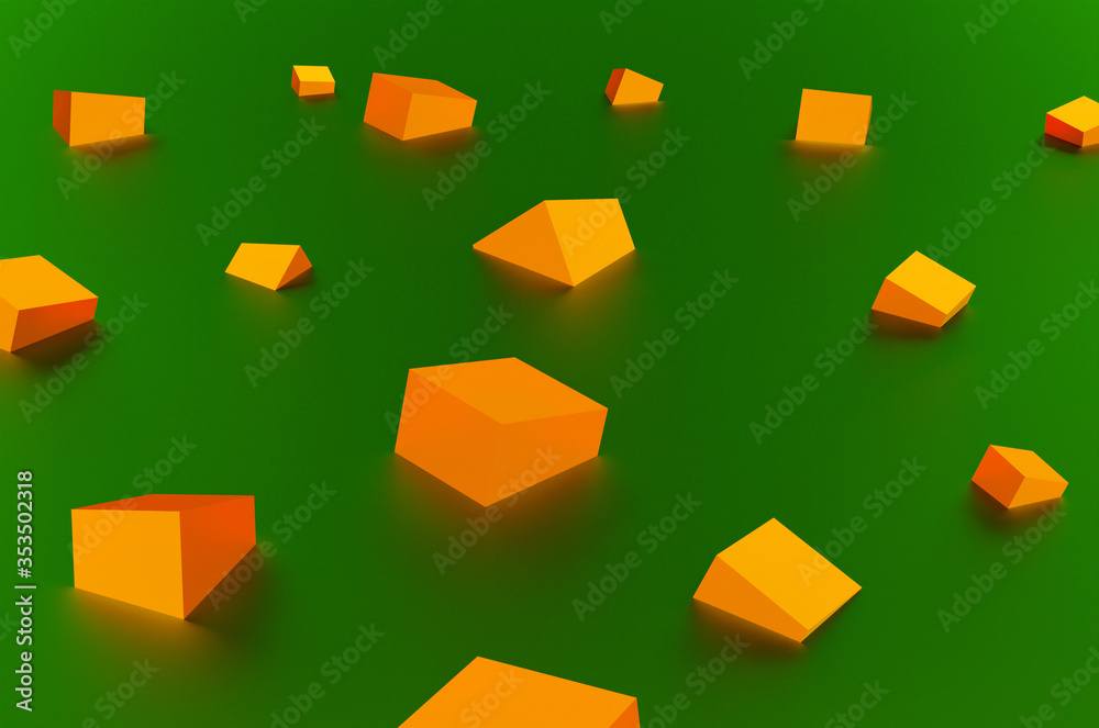 Chaotic orange cubes on the abstract green background. rendered in 3d