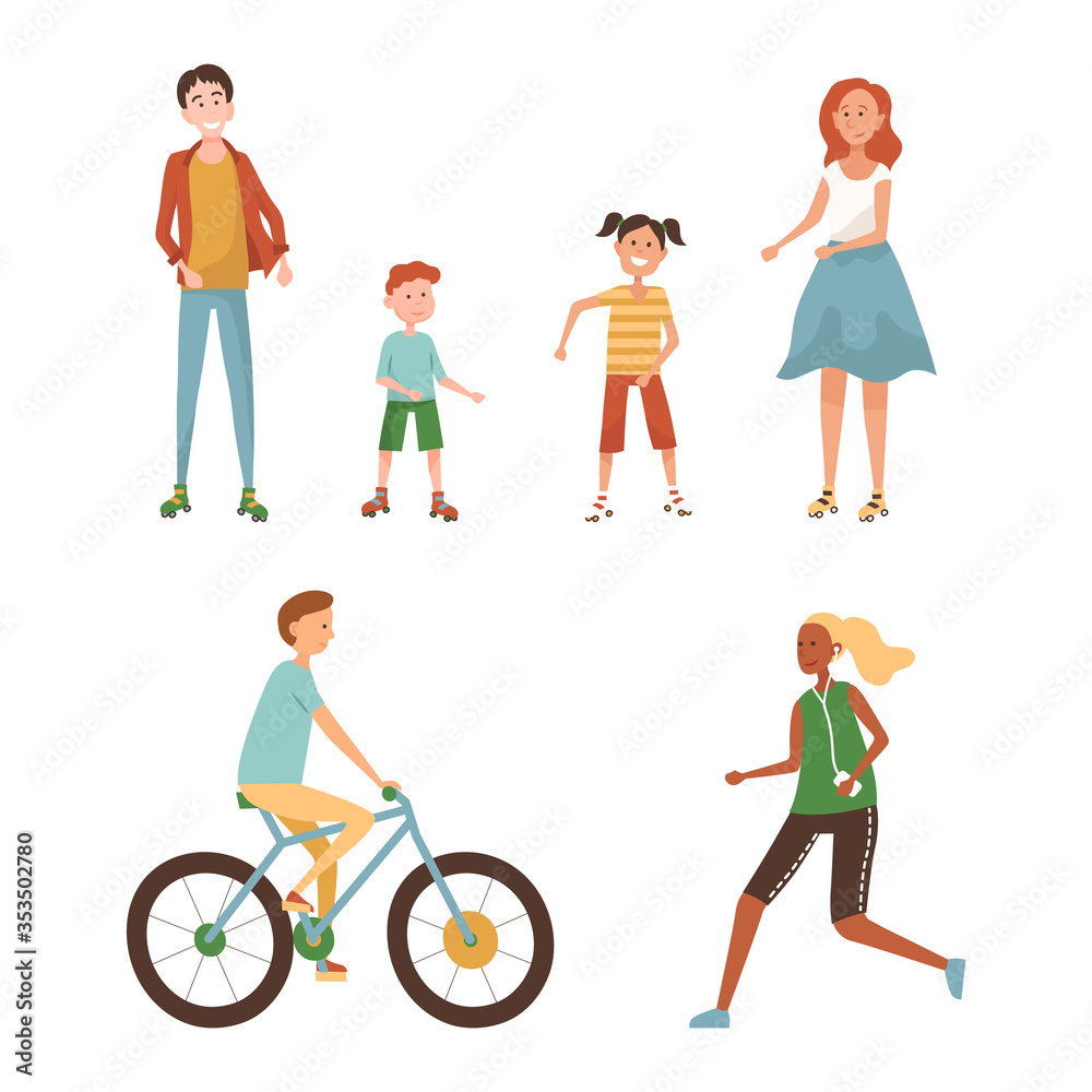 Outdoors Spending Time Concept. Group Of People Relaxing In The Park Or Square. Male And Female Characters Rest, Ride Bicycle, Jogging, Spending Time The Hole Family. Cartoon Flat Vector Illustration