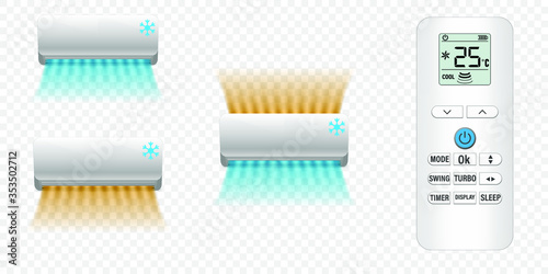 Set of wall realistic white air conditioner with different air flow. Realistic remote control for air condition. Stock vector illustration on transparent isolated background.