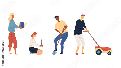 Gardening Concept. Men And Women Gardening, Mowing Lawn, Planting And Watering Flowers. Group Of Happy People Is Working Outdoor With Professional Garden Tools. Cartoon Flat Style Vector Illustration