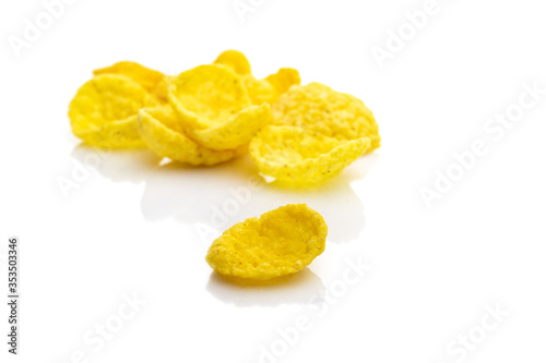 Cereals seeds breakfast. Cereal Healthy Cornflakes isolated on white. Snack eat best with milk. Clean-eating food with antioxidant, omega-3, protein and copy space.