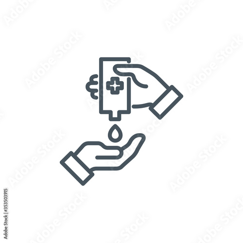 palm with a drop of antiseptic single line icon isolated on white. Perfect outline symbol disinfect hands Coronavirus Covid 19 banner. disinfection hands design element with editable Stroke line