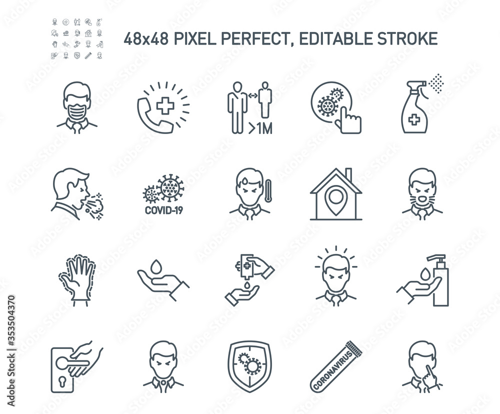 Simple Set of Coronavirus Protection Related Vector Line Icons. Contains such Icons as Protective Measures, Coronavirus Symptoms, Incubation Period and more. Editable Stroke. 48x48 Pixel Perfect.