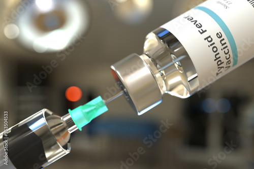 Vial with typhoid fever vaccine and needle of a syringe. 3D rendering photo