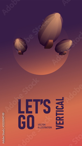 Three airships in the clear sky against the background of the moon in the colors of the sunset. 3d low poly vector illustration.