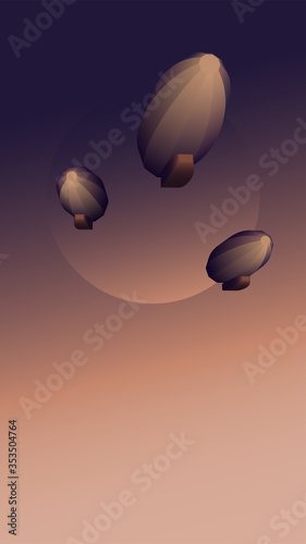 Three airships in the clear sky against the background of the moon in the colors of the sunset. 3d low poly vector illustration.