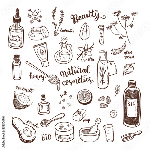 Natural cosmetic, spa and self care doodle design elements set