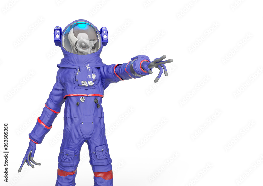 alien astronaut is showing the way with copy space