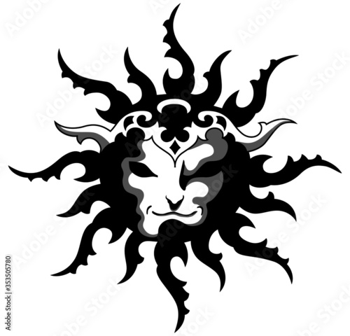 Black and white stylized face in the sun, vector drawing tattoo style