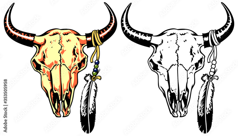 Native American bull skull with boho chic feathers, ethnic, native ...
