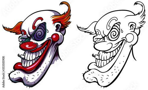 A very bad clown with a cigar in his mouth. Face of horror and crazy maniac scaring zombies. Vector illustration