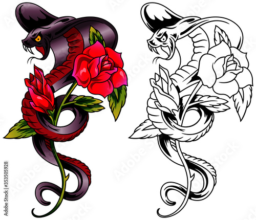 Colorful tattoo design with red roses and buds and a cobra snake. Vector illustration