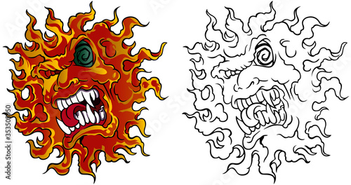 Crazy yellow sun character face with angry expression and green eye and vampire teeth. Vector illustration on white background tatto style.