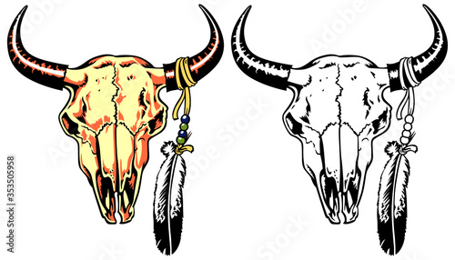 Native American bull skull with boho chic feathers, ethnic, native american or mexican with traditional ornament; tribal hand drawn vector illustration in sketch style