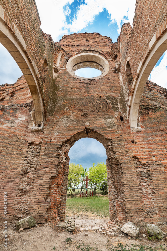 Novi Becej, Serbia - May 25, 2020: Arača (Hungarian: Aracs) is a medieval Romanesque church ruin located about 12 km of Novi Bečej, Serbia. It was built around 1230 during of the Kingdom of Hungary.