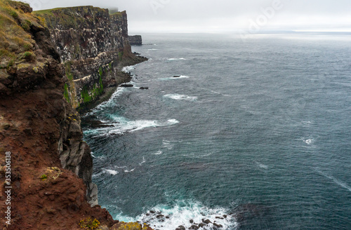 Steep dangerous bird cliffs at Latrabjarg bird cliffs in the West fjords of Iceland.