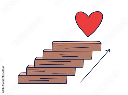 Steps up to the heart. Vector Doodle illustration drawn by hand with steps or stairs on top of which is an icon of the heart. The path to success and achieving goals