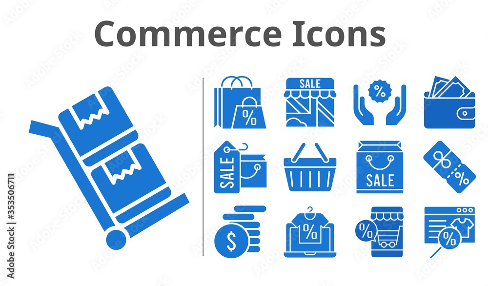 commerce icons set. included online shop, shopping bag, shop, wallet, money, discount, shopping-basket, trolley icons. filled styles.