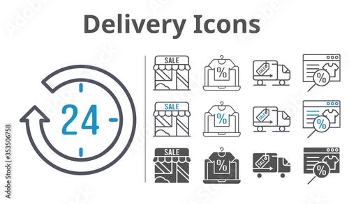 delivery icons icon set included online shop, 24-hours, shop, delivery truck icons