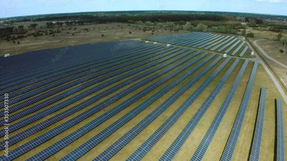 Top view of a solar power station, renewable energy, solar panels.