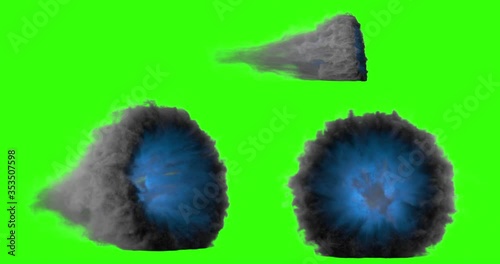 Pack of 3  views of 3d animation cloud gate appearing and disappearing on green screen.