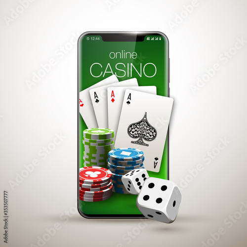 Vector illustration Online Poker casino banner with a mobile phone, chips, playing cards and dice. Marketing Luxury Banner Jackpot Online Casino with New model Smartphone. Empty advertising poster.